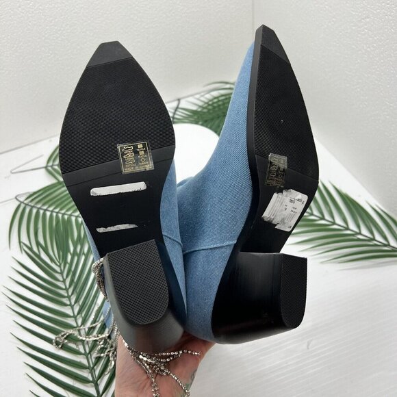 Azalea Wang Blue Denim Rhinestone Fringed Wide Calf Ankle Boots Size 7 Cowboy - Picture 9 of 13